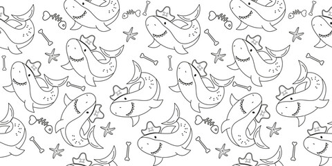 Shark outline pirate character seamless pattern in flat design