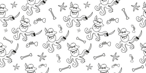 Octopus outline pirate character seamless pattern in flat design