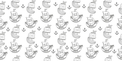 Pirate outline ship seamless pattern in flat design