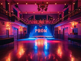 Dance hall decorated for prom night, featuring soft lighting and a "PROM" sign on the stage