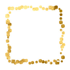 Luxury square frame made of gold glitter foil. Gold splashes brushed in the shape of a square on a transparent background. Wedding invitation. Postcard design. Congratulations.