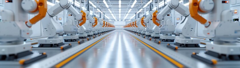 A high-tech, automated production line with robotic arms in a modern factory, highlighting industrial automation and advanced manufacturing.