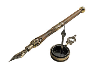 Vintage calligraphy pen with ornate design and ink pot isolated on white background, perfect for artistic and stationery themes.