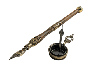 Vintage calligraphy pen with ornate design and ink pot isolated on white background, perfect for artistic and stationery themes.