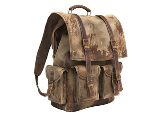 Vintage canvas backpack in distressed brown leather with multiple pockets, perfect for outdoor adventures and everyday carry.