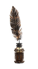 Vintage quill pen in ornamental ink bottle, isolated on white background. Antique writing tool evokes nostalgic literary charm.