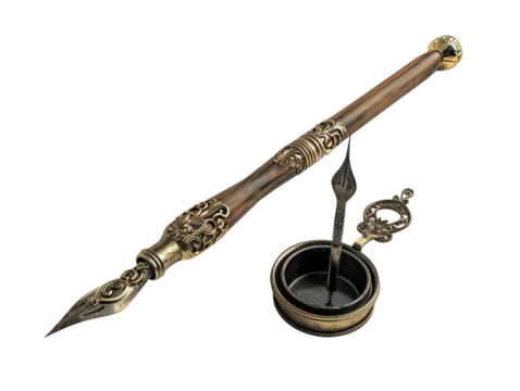 Vintage calligraphy pen with ornate design and ink pot isolated on white background, perfect for artistic and stationery themes.