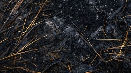Black ashes from burned grass Background