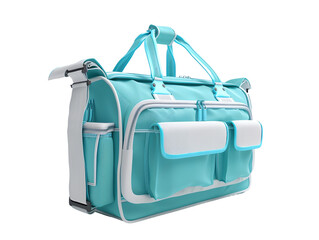 A stylish light blue diaper bag with multiple pockets and adjustable straps, perfect for carrying baby essentials and personal belongings.
