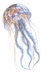 A stunning image of a translucent jellyfish against a white background, showcasing its delicate tentacles and vibrant colors.