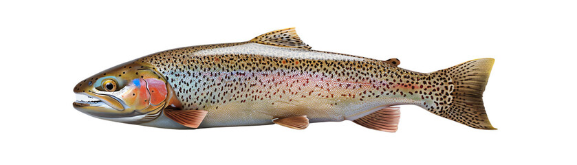 Close-up image of a colorful rainbow trout isolated on a white background, displaying its vivid scales and distinctive features.