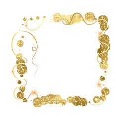 Rrame with ornament. The frame is made of gold-plated foil.The texture of gold on a transparent background. Festive decoration.Luxurious edging in the form of splashes of golden glitter.
