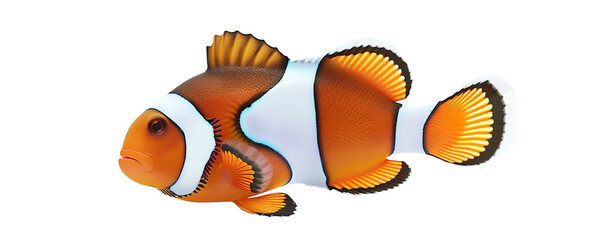 Naklejka premium Close-up of a vibrant clownfish with distinctive orange and white stripes, isolated on a white background. Ideal for marine life and ocean themes.
