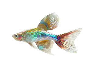 Fototapeta premium Close-up view of a vibrant guppy fish with colorful, iridescent scales and flowing fins on a white background.