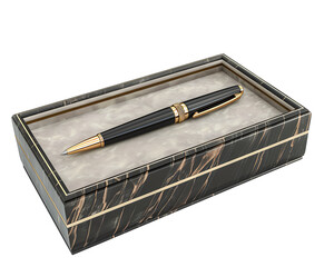 Elegant black and gold pen in a luxurious marble-designed box, perfect for gifting and professional use.