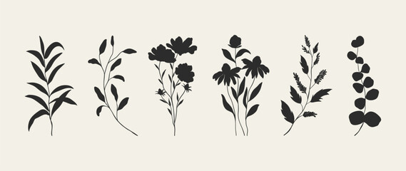 Collection of botanical silhouette element vector. Set of tropical plant, wildflower, rose, daisy, sunflower, eucalyptus leaves. Hand drawn of botanical for decor, website, graphic, decorative.
