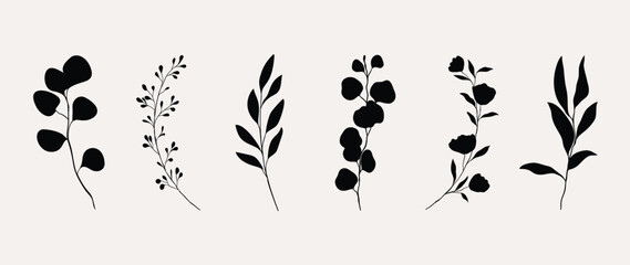 Fototapeta premium Collection of botanical silhouette element vector. Set of tropical plant, wildflower, rose flower, eucalyptus leaves. Hand drawn of botanical for decor, website, graphic, decorative.