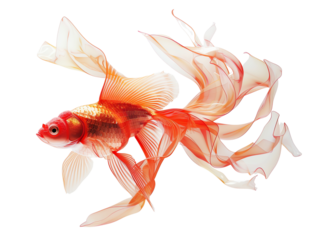 Elegant goldfish with flowing fins and bright orange-white colors, isolated on white background. Perfect for aquatic-themed designs.