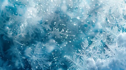 Winter wonderland scene with snowflakes and icy textures on a cool blue background