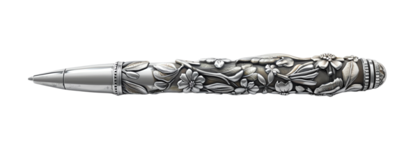 Elegant silver pen with intricate floral design, perfect for collectors and writing enthusiasts. Luxurious craftsmanship and attention to detail.