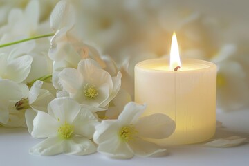 white candle with floral petals