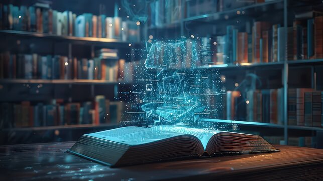  holographic book emits a blue glow, displaying floating digital data and illustrations in a futuristic library, blending technology with traditional literature.