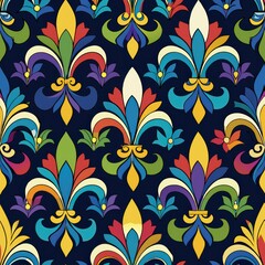 seamless pattern of colorful fleur-de-lis on a dark background, Generative AI