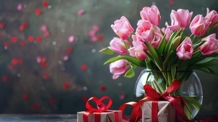Pink tulip bouquet in vase and gift box with red ribbon on table