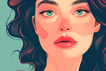 Flat art illustration of a girl's face, featuring simple lines and vibrant colors, capturing modern and minimalist design elements