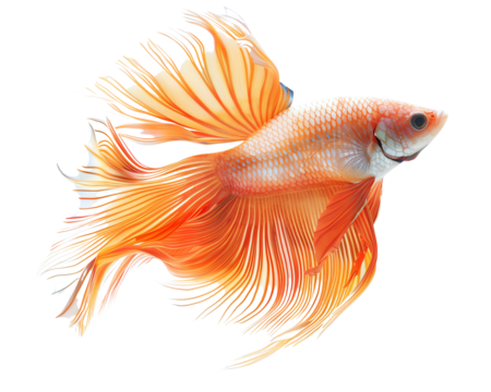Stunning close-up of a vibrant orange Betta fish with flowing fins on a white background, showcasing its delicate and intricate fin details.