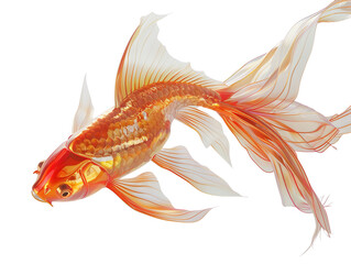 Fototapeta premium Vibrant goldfish with flowing fins isolated on white background, showcasing intricate scales and graceful movement.
