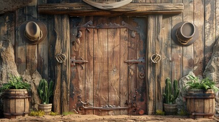 A 3D blender minimalist illustration featuring a blank backdrop with a western theme, including vintage elements like old wooden saloon doors, cowboy hats, and rustic horseshoes, creating an