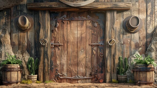 A 3D blender minimalist illustration featuring a blank backdrop with a western theme, including vintage elements like old wooden saloon doors, cowboy hats, and rustic horseshoes, creating an
