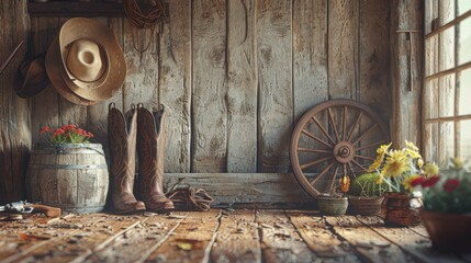 A charming 3D render in a minimalist style, showcasing a blank backdrop bordered by vintage western elements such as a classic wagon wheel, a pair of cowboy boots, and an antique revolver, evoking