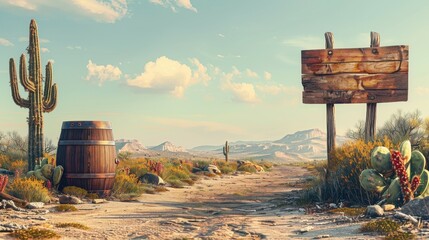 An engaging 3D illustration featuring a minimalist blank backdrop with a vintage western theme, bordered by items like an old whiskey barrel, a desert cactus, and a wooden signpost, capturing the