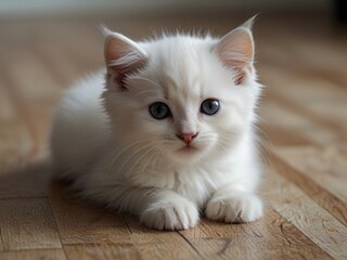 Obraz premium Cute,fluffy and beautiful white kitten with black on the floor. This image is ai generated