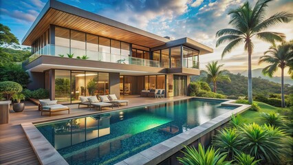 Fototapeta premium Luxury house with relaxation area by pool. Modern mansion with panoramic glazing. Pool and villa in tropical region