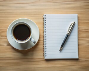A clean and minimalist desk setup with a notebook, pen, and empty coffee cup, ready for taking notes during a meeting or seminar.