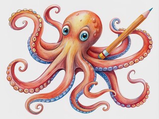 Whimsical hand-drawn illustration of an expressive octopus holding a pencil, rendered in bold lines and vibrant colors, on a crisp isolated white background.