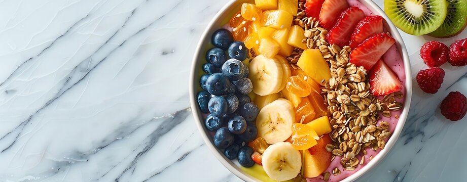 Tack sharp photo of a colorful smoothie bowl, fruit toppings, marble background, no noise, dust, taken with Sony lens,