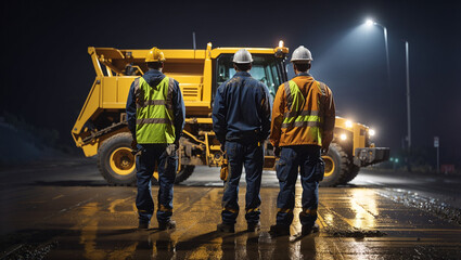 four construction workers standing in front of a large yellow construction vehicle on a wet road at night.