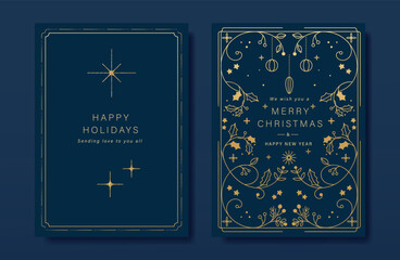 Luxury gold christmas invitation card folk design vector. Christmas bauble, holly, leaves, snowflake, frame on navy blue background. Design illustration for cover, print, poster, wallpaper.
