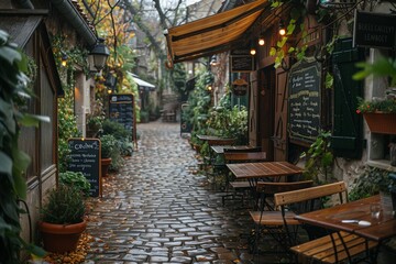 Fototapeta premium Empty Tables at a Parisian Cafe on a Rainy Autumn Day