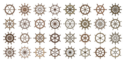Wooden vintage steering wheels. Ship, sailboat or yacht retro wheel symbol. Brown nautical rudder icon. Marine logotype design element. Vector illustration © 32 pixels