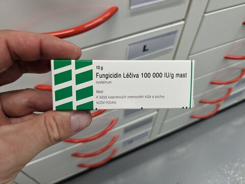 Prague, Czech Republic - July 9 2024: FUNGICIDIN LECIVA topical cream with NYSTATIN active substance by ZENTIVA, used for antifungal treatment and skin infections.

