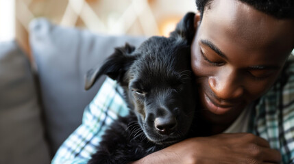 Obraz premium A Young Man Cuddles with His Black Dog in the Comfort of His Home, Showcasing a Beautiful Moment of Bonding and Affection Between a Pet and Its Owner