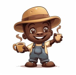 A cartoon coffee bean character with dark brown skin, wearing overalls and black boots, holding up his hand while smiling at the camera