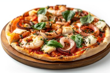Hot Seafood Pizza, Fried Yeasted Flatbread with Squid Rings and Red Fish, Salmon or Trout Fillets