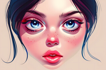 Cartoon style illustration of a girl's face, featuring expressive features and playful colors, capturing a fun and whimsical design