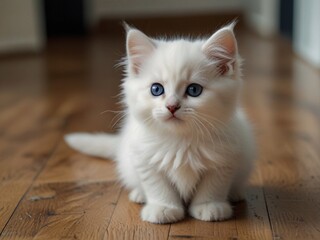 Cute,fluffy and beautiful white kitten with black on the floor. This image is ai generated